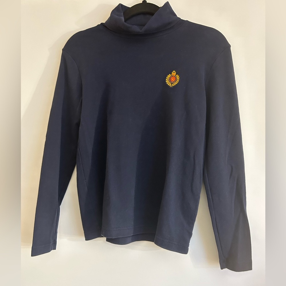 LIZ CLAIBORNE LIZSPORT RETRO NAVY BLUE WITH CREST LOGO TURTLENECK COTTON SIZE S